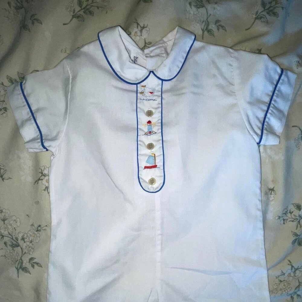 Vintage Imperial White and blue lighthouse/ocean embroidered baby romper